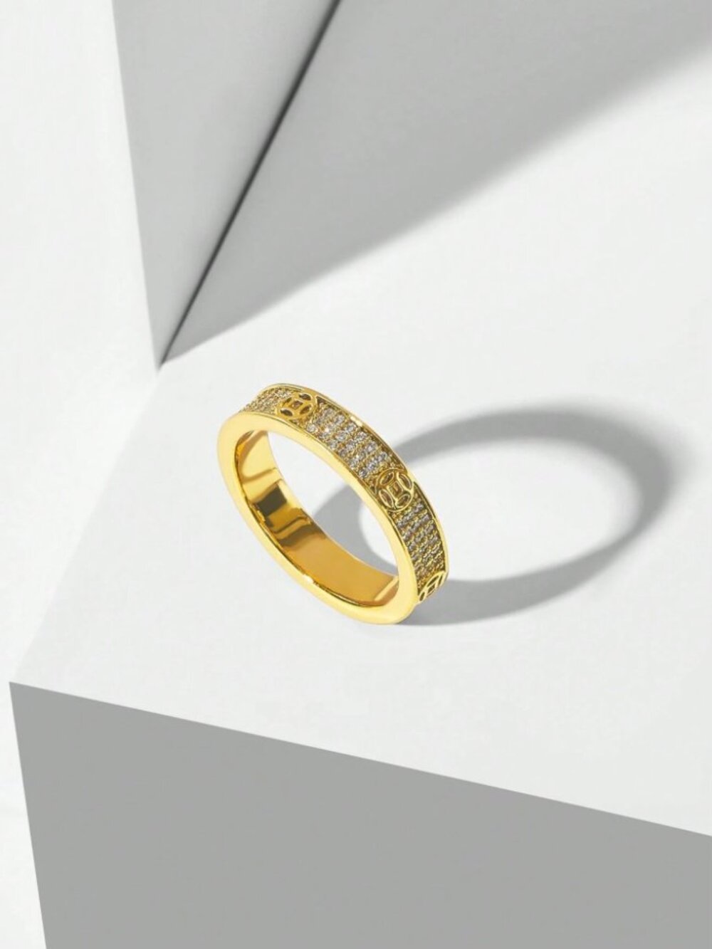 Gold Pave Crystal Band Ring with Engraved Motif
